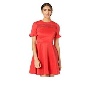 Ted Baker London Calizee Womens Mini Dress Sz M Red Skater Lace Insert Pocket H4